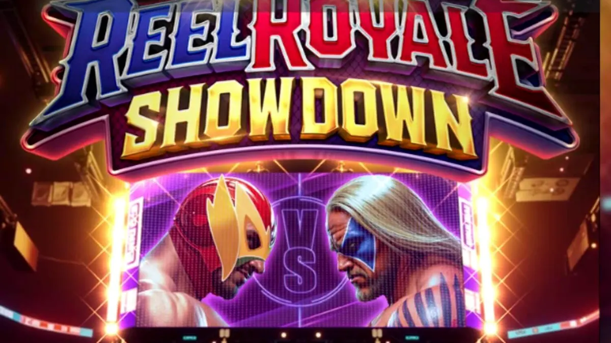 Aksi dramatis di dalam ring gulat pada slot Reel Royale Showdown